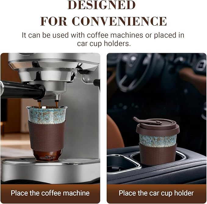 13oz Ceramic Coffee Mug with Lids 2 Sets, Travel Coffee Cup Leak-proof Fit Car Holder, Portable Mug Set w/Silicon Sleeve Pb Cd Free, Gift for Mother Father Birthday Wedding