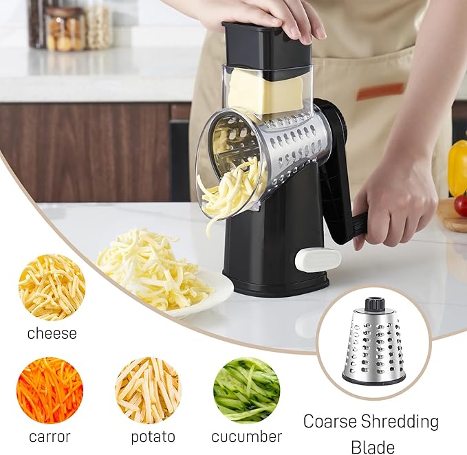 Weltonhm Rotary Cheese Graters with 4 Blades, Hand Crank Cheese Grater with Waffle Slicer, Black and White Cheese Shredder with Suction Base, Easier for Shredding & Grating (Black, 4 Graters)