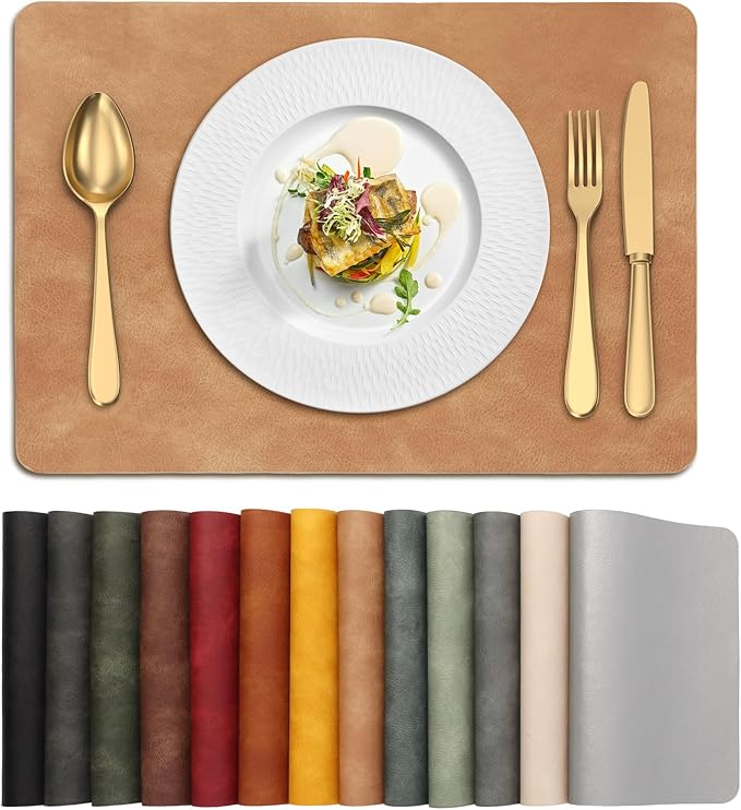 UnivoColors Placemats,Heat Resistant Placemats Set of 4 Washable 12 x 17 Inch,Waterproof Table Mats,Wipeable Pu Place Mats for Kitchen,Dining Room.Camel