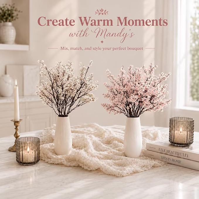 Mandy's Light Pink Artificial Baby’s Breath Flowers 6 Bundles Silk Gypsophila, 18.5 Inch European Style Modern Home Decor Centerpiece, Neutral Wedding Flower Arrangements