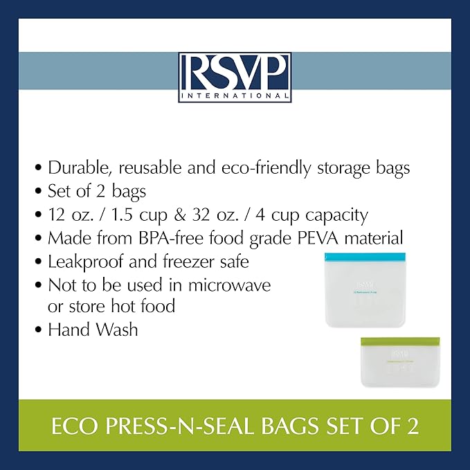 RSVP International Reusable Food Storage Collection ECO Seal Bags, Press-N-Seal, Blue/Green