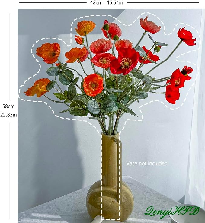 Artificial Flowers of Poppies and Eucalyptus Stems, Red and Orange Flowers Artificial for Vase, Silk Flowers Arrangement for Wedding Party Farmhouse Home Office Table Centerpieces Decoration