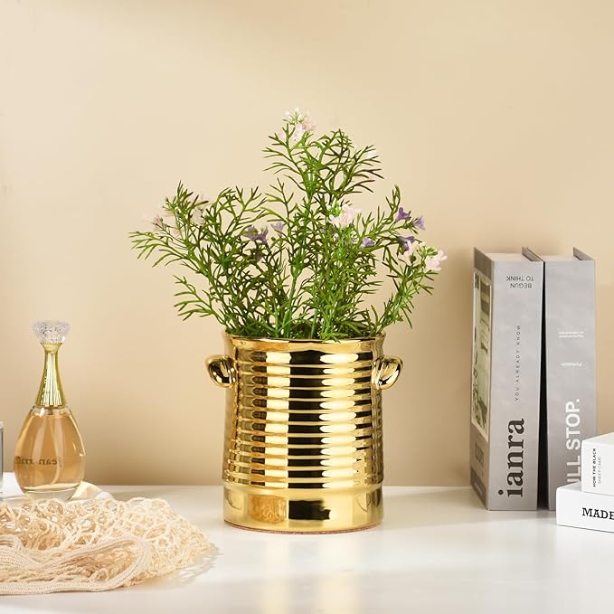 Gold Utensil Holder for Countertop, 6.4" Ceramic Utensil Holder for Kitchen Counter, Large Embossed Cooking Utensil Crocks for Kitchen Decor, Utensil Organizer with Cork Bottom for Housewarming Gifts
