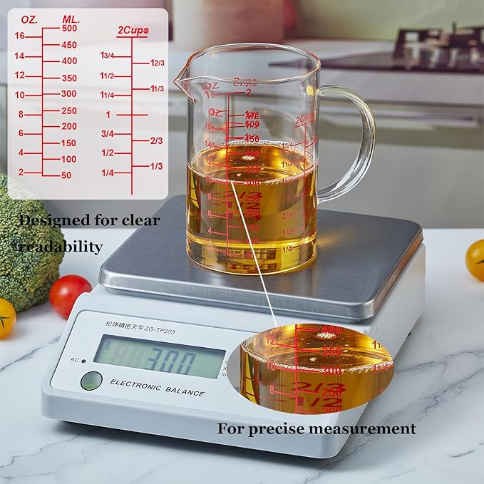 Ackers Mirror Scale Glass Measuring Cup-[Insulated handle | V-Shaped Spout]-Made of High Borosilicate Glass Measuring Cup for Kitchen or Restaurant, Easy to Read, 500 ML (16 Oz, 2 Cup)