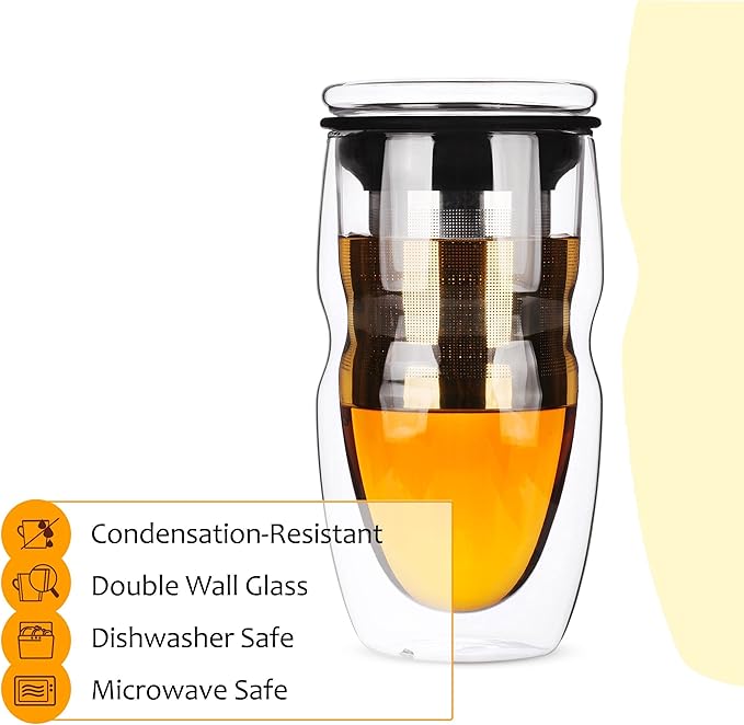 BTaT- Double Wall Glass Tea Cup With Stainless Steel Infuser and Lid, 16 oz, Borosilicate Glass Tea Mug Infuser, Gifts for Tea Lovers
