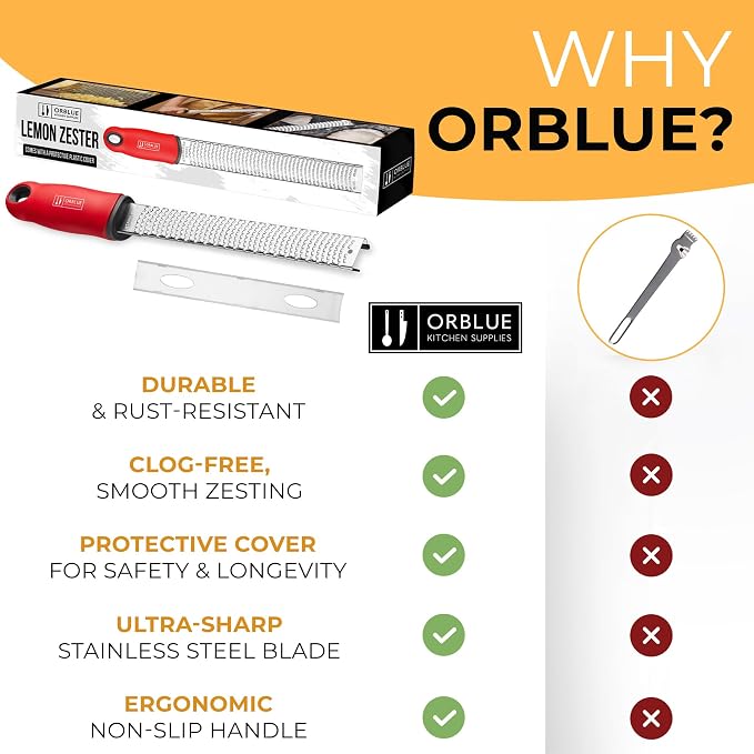 Orblue Lemon Zester & Cheese Grater - Premium Citrus Zester, Kitchen Grater for Parmesan, Chocolate, Fruits, Vegetables, Ginger, Garlic, Nutmeg - Stainless Steel Blades with Protective Cover, Red
