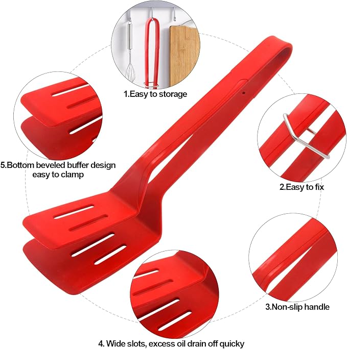 Silicone Cooking Tongs, Premium Stainless Steel Silicone Barbecue Clamp, Multipurpose BBQ Clamp Spatula for Gripper Bread Clip, Fried Steak Clamp, Flipping Fish, Toast Salad Tongs, Red（11 Inch）