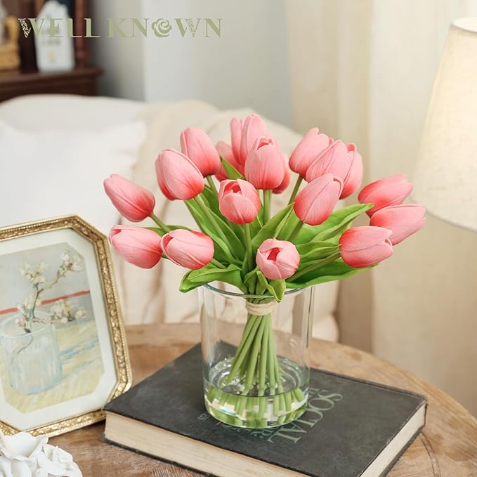 WELL KNOWN 20 Pcs Tulips Artificial Flowers in Vase, Real Touch Coral Pink Tulips with Glass Vase & Fake Water, Flower Arrangement Centerpiece for Dining Table Home Hotel Wedding Party Decor & Gift