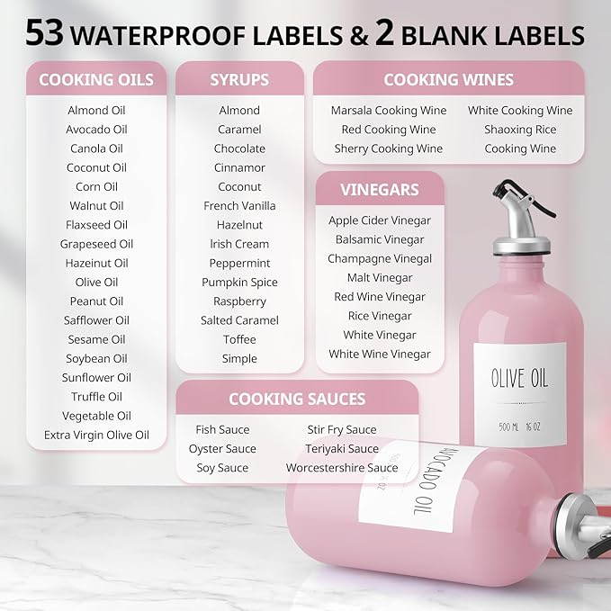 Olive Oil Dispenser Bottle for Kitchen, 16oz Glass Oil and Vinegar Dispenser Set with Wood Tray & 54 Labels - Coffee Syrup Dispenser - Pink Kitchen Decor and Accessories - Set of 2