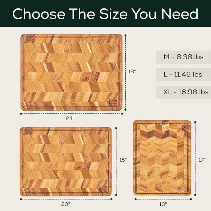 EZ FURNITURE Medium (M) Teak Edge Grain Cutting Board, Reversible, Knife-Friendly Charcuterie Wood Cutting Board, Juice Groove & Handles, Non-Toxic, Gift Box Included (Herringbone, 17" x 13" x 1.15")