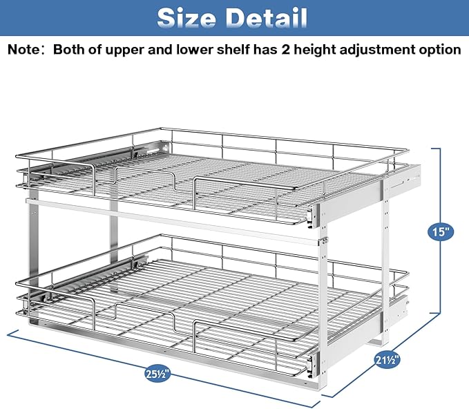 LOVMOR 2 Tier Individual Pull Out Cabinet Organizer 25½" W x 21½" D, Slide Out Kitchen Cabinet Storage Sliding Shelves