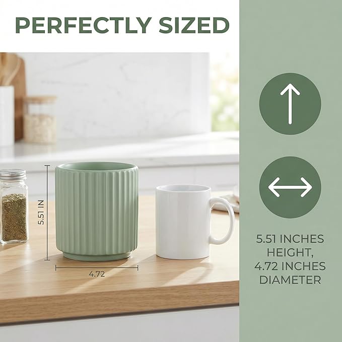 Small Utensil Holder for Kitchen Counter (H5.51” x W4.92”) Ceramic Countertop Utensil Holder for Kitchen Utensils Crock for Countertop Includes Silicone Drying Mat Light Cadetblue
