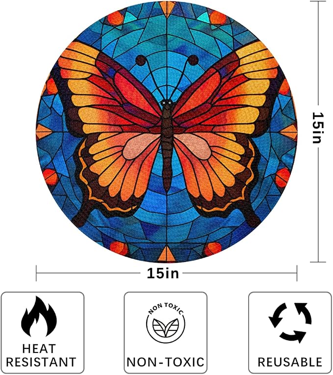 Round Placemats Set of 4, Butterfly Glass Background Woven Placemats Mats Non-Slip Heat Resistant Washable Table Mats Round Braided Place for Farmhouse Kitchen Dining Party Decor 15in