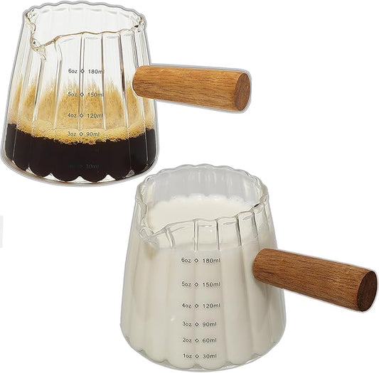 TIWPAJS 2-Pack Espresso Cups With Wood Handle 6oz, Espresso Accessories, Milk Frothing Pitcher, Glass Measuring Cup, Shot Glass