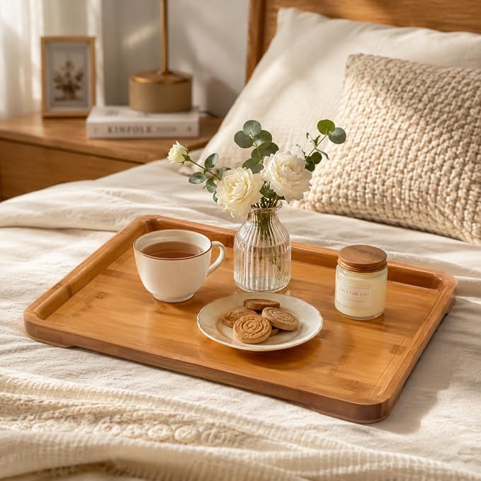 Bamber Large Bamboo Serving Tray Decorative Coffee Tea Platter 18 x 13 x 1.2 Inches