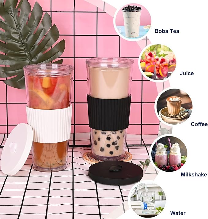 2 Pack Reusable Boba Tea Cups, 24oz Iced Coffee Cup with Straw and Lid, Leakproof Clear Plastic Cups Tumbler, Double Wall Insulated Smoothie Tumbler, Wide Straw for Bubble Tea, Black and White