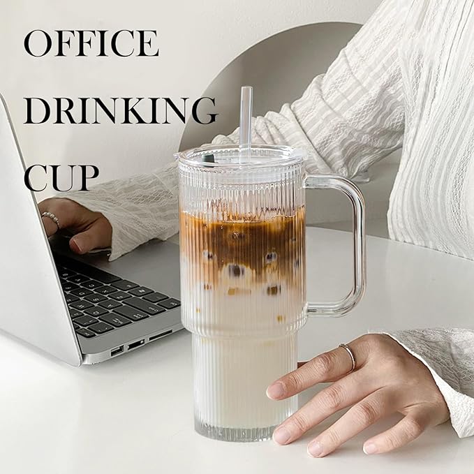 2 Pack Iced Coffee Cup with Lids, 18oz Clear Glass Tumbler with Straw & Lid, Ribbed Glassware Cups, Dishwasher Safe Drinking Glasses, Stylish Glass Cups for Coffee, Juice, Tea, Matcha