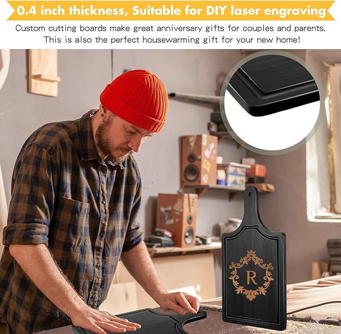 Geetery 3 Packs 12 Inch Black Wood Chopping Boards with Handle and Deep Juice Groove Small Bamboo Wooden Pizza Paddle Serving Boards Tray Charcuterie Plank Chopping for Cheese Steak Bread