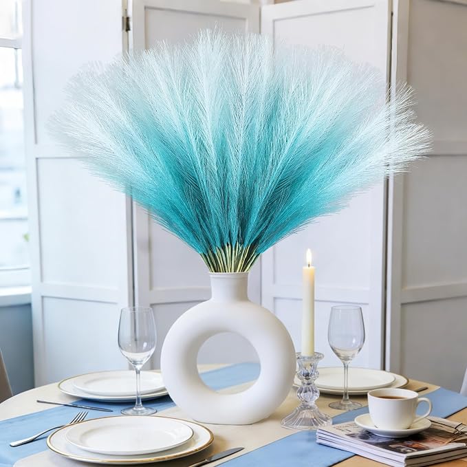 TORONTOKYO Light Blue Pampas Grass Decor, 50Pcs 21.6 inch Artificial Short Faux Pompas Grass, Boho Neutral Home Decor Bouquet for Floor Vase, Wedding, Party, Farmhouse, Bedroom Decor (Sky Blue)