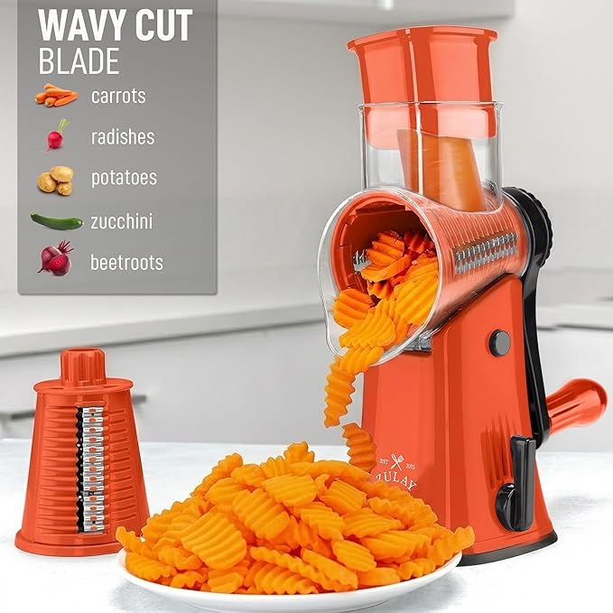 Zulay Kitchen Rotary Cheese Grater 5 Blade Cheese Shredder - Manual Hand Crank Cheese Grater With Reinforced Suction & 5 Interchangeable Drums - Easy to Use, Vegetable Chopper Round Mandoline Slicer