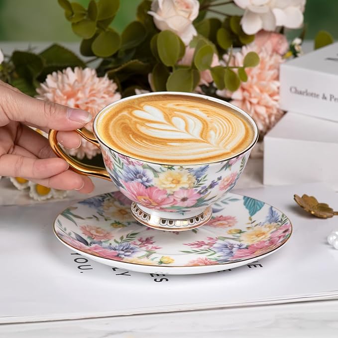 KAMMAK Tea Cups and Saucers Set of 2, Fine Bone China Coffee Cups, Stackable Espresso Mugs, Ceramic Demitasse for Coffee, Cappuccino, Latte, Americano, Tea, Blooming Flowers