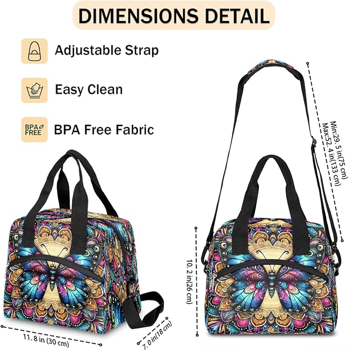 Butterfly Boho Colorful Insulated Lunch Bags for Women Girls Adult Ethnic Reusable Lunch Tote Therma Cooler Bag with Shoulder Strap Lunch Box for School Work Office Picnic Meal Prep Bag