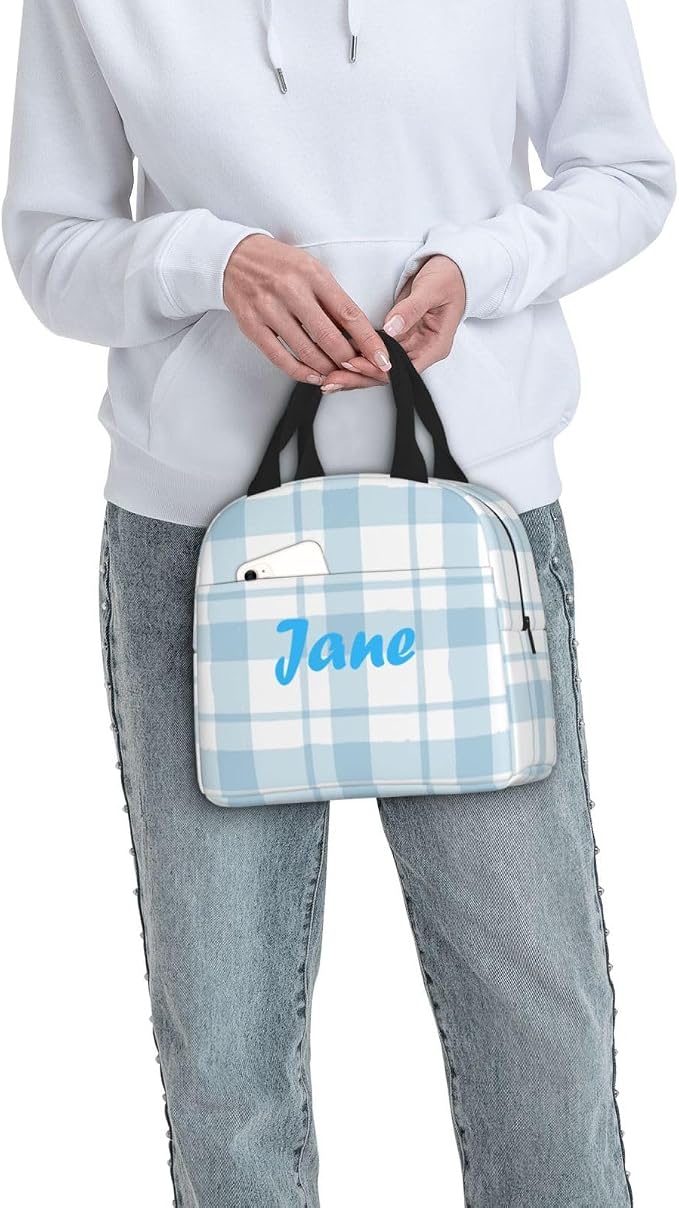 Custom Lunch Bag Plaid Blue Check Personalized Insulated Lunch Box with Name Reusable Cooler Tote for Adults Student Girl Boy Work Office School Picnic Over 3 Years Old