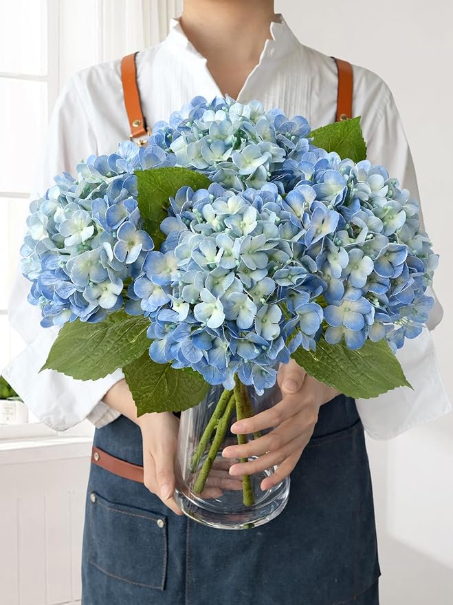 JINWOE Blue Faux Hydrangea Flowers for Decoration,4Pcs 20" Real Touch Lifelike Faux Flowers, Full Fake Artificial Hydrangeas with Stems for Bouquet Table Centerpieces Spring Home Decoration
