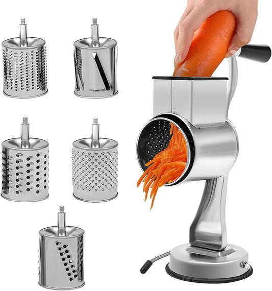 Slicer Shredder Grinder, Multifunctional Rotary Drum Cutter Cutter Slicer Hand Chopper5 Blades Stainless Steel Hand Drum Slicer Crank Vegetable Chopper for Home
