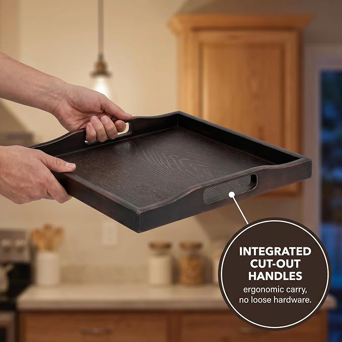 Bam & Boo Square Plastic Serving Tray 8.25" x 8.25" x 1" with Handles Wood Grain Texture Padded Bottom