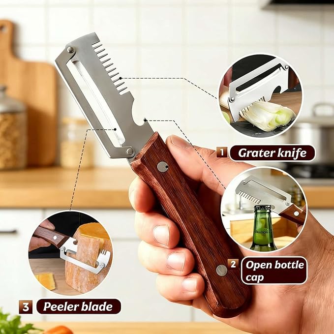 Multifunctional Vegetable Peeler，With wooden handle & bottle opener and grater 3 in 1 kitchen gadgets for potatoes pumpkinsp garlic sugarcane pineapples carrots and other vegetables or fruits (1pcs)