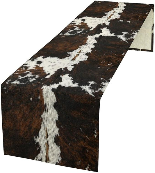 Cow Skin Print Table Runner, Cotton Linen Rustic Cottage Country Farm Animal Fur Skin Pattern Western Style Brown Cowhide Print Dinner Runner for Home Kitchen Dining Table Decoration 13"x90"