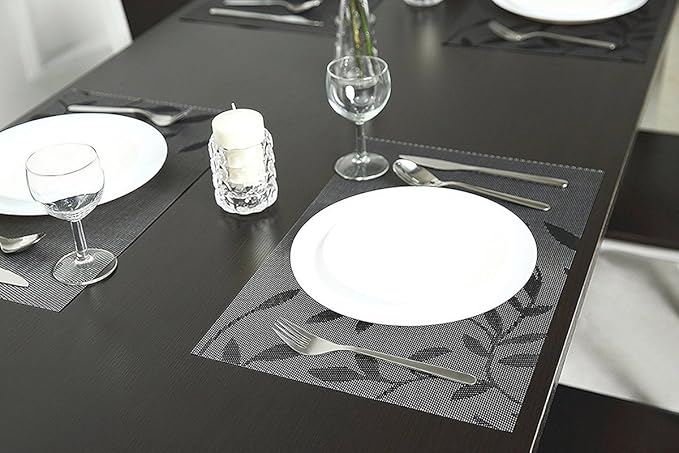 Placemats, Placemats for Dining Table Set of 4, Kitchen Table Mats Heat-Resistant Non-Slip Washable PVC Woven Vinyl Place Mats for Dining Room Table Decoration (Set of 6, Black Leaf)