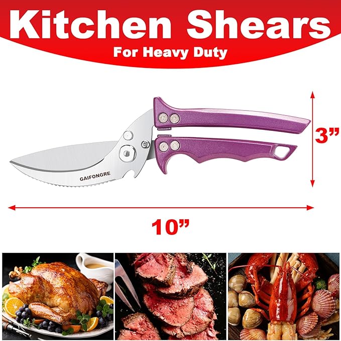 Heavy Duty Poultry Shears - Kitchen Scissors All Purpose, Chicken & Fish Shears, Easily Separable, Dishwasher Safe (Purple)