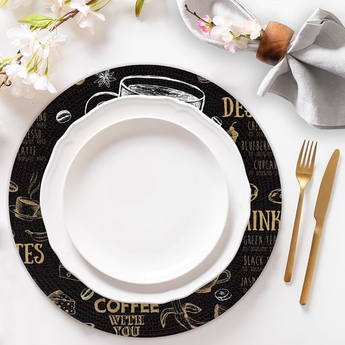 Round Placemats Set of 6, Black Coffee Pattern Woven Placemats Mats Non-Slip Heat Resistant Washable Table Mats Round Braided Place for Farmhouse Kitchen Dining Party Decor 15in