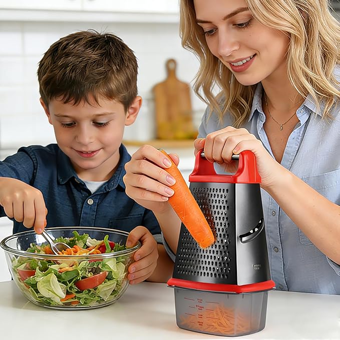 Ourokhome Cheese Grater with Handle, Stainless Steel Box Grater, 4 Side Kitchen Vegetable Shredder Slicer Zester with Container for Parmesan, Cabbage, Ginger, Lemon, Chocolate, Coconut (Red and Black)
