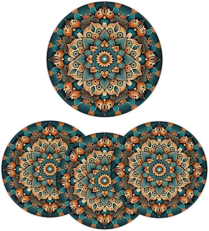 Round Placemats Set of 6, Ethnic Floral Mandala Flowers Pattern Woven Placemats Mats Non-Slip Heat Resistant Washable Table Mats Round Braided Place for Farmhouse Kitchen Dining Party Decor 15in