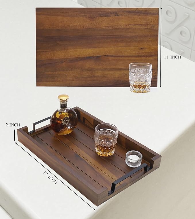 17" x 11" Acacia Wood Serving Tray with Black Iron Handle. Coffee, Decorative, Whiskey, Wooden Tray for Kitchen, Living Room, Bedroom Entryway, Hallway - Rustic Tray (Brown)