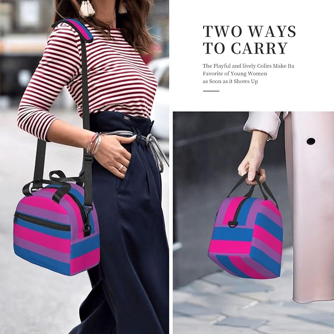 Bisexual Pride Flag Lunch Box Insulated Lunch Bag Portable Zipper Cooler Tote Bag Adult Bento Box for Women Men Reusable Meal Organizer with Adjustable Strap for Work Office Picnic Travel