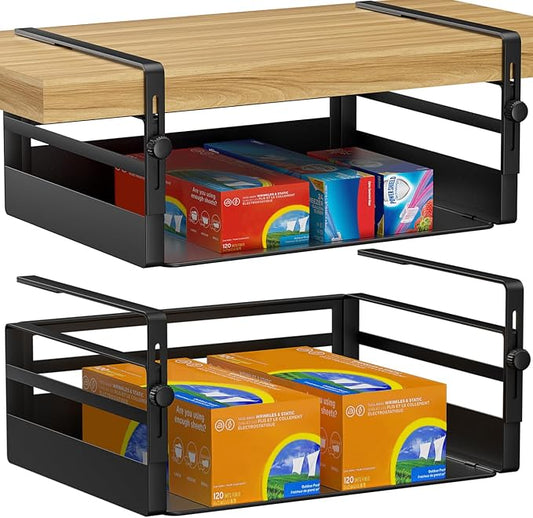 AmonHouseware 2 Pack Under Shelf Basket Organizers,Adjustable Hanging Under Cabinet Add-on Storage Racks Slide-in Baskets Organizer for Laundry Room Kitchen Pantry Desk Bookshelf, Black