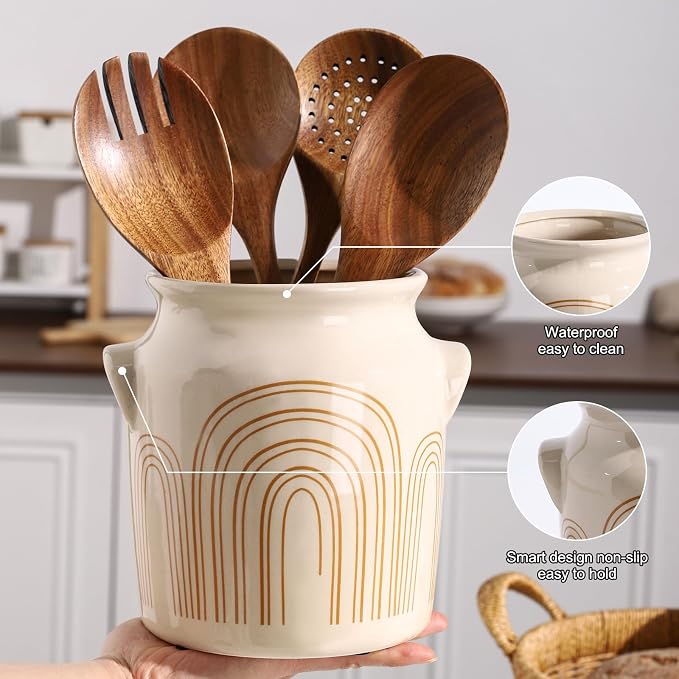 Ceramic Farmhouse Kitchen Utensil Holder for Countertop, Rustic Cooking Utensil Holder Crock Fit for Kitchen Counter. Arch Pattern 5.3 x 5.3 x 6.8 IN