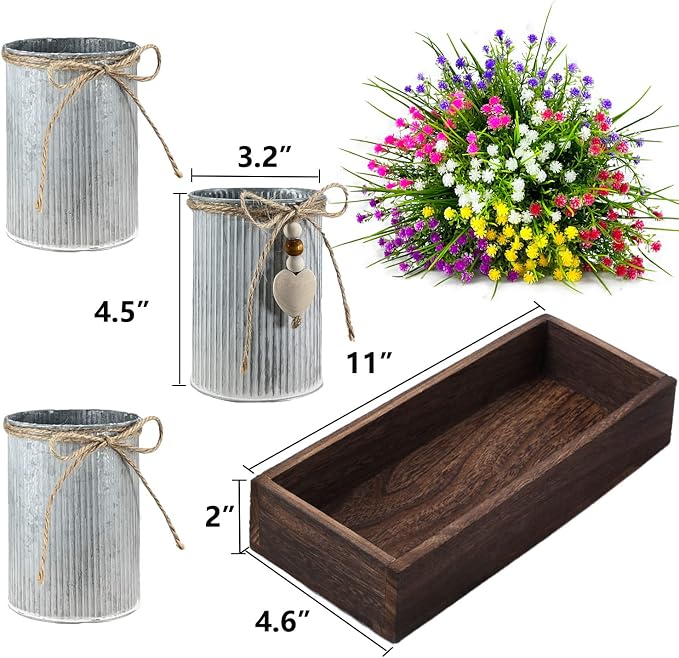 CALAVAK Decorative Centerpiece Wooden Tray with 3 Metal Potted Artificial Babys Breath Gypsophila Plant Flowers Rustic Country Farmhouse Décor for Dining Room, Living Room and Kitchen Table
