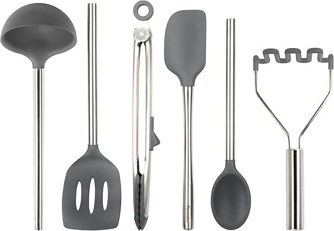 Tovolo Silicone Cooking Utensil Set of 6 Stainless Steel Handle Ladle Slotted Turner Tongs Flex Core Spatula Scraper Mixing Spoon & Potato Masher, Dishwasher Safe BPA Free Utensils, Charcoal Gray