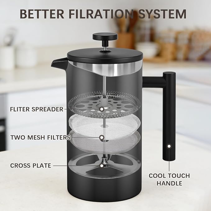 French Press Coffee Maker, 304 Grade Stainless Steel French Press with 2 Extra Filters for Home, Office, Travel, Camping - 34OZ/2 Litre (Black)