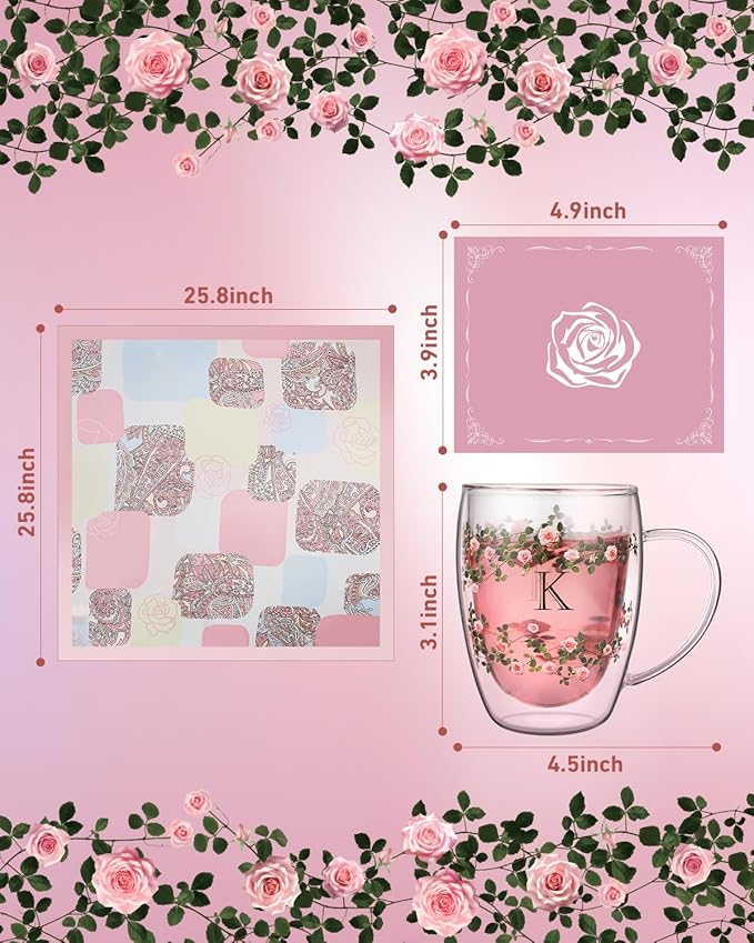 Initial Glass Cup for Women, 12oz Rose Double Walled Glass Coffee Mugs, Personalized Gifts for Women, Initial Coffee Tea Mug with Scarf, Birthday Gifts for Mom Friend (ROSE-C)