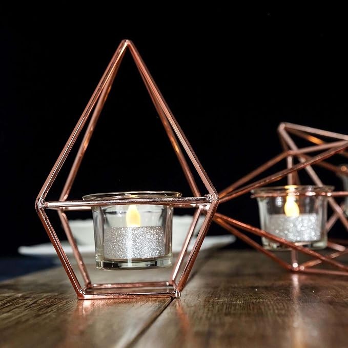 Efavormart 16.5" Rose Gold Geometric Candle Holder Set 3 Metal Geometric Centerpieces Joint Together Votive Glass Holders