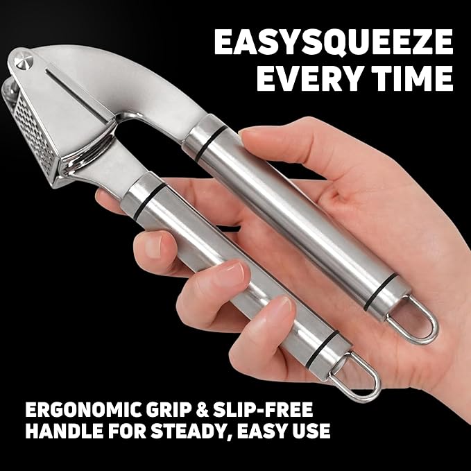 KUYRA Garlic Press Stainless Steel Set Premium Professional Garlic Mincer, Silicone Peeler & Brush, Clove Crusher, Handheld Mincer & Squeezer, Easy Clean Rustproof, Dishwasher Safe Kitchen Peelers