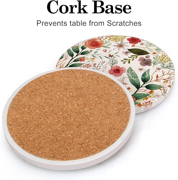 6 Pack Cute Flower Drink Coasters with Holder Funny Ceramic Absorbent Coaster Set of 6 Decorative Coffee Table Decor Gift Unique Desk Vintage Outdoor Coster Modern Cool Floral Tea Cup Boho Coasters