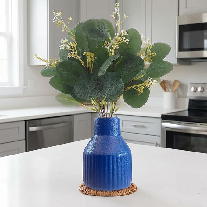 Artificial Eucalyptus Greenery Stems in Ceramic Vase 10Pcs Fake Plants Eucalyptus Leaves for Centerpiece Table Decorations Home Room Decor Office Desk Decor Greenery Decor Indoor (Blue)
