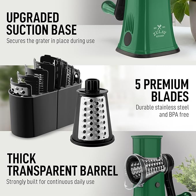 Zulay Kitchen Rotary Cheese Grater 5 Blade Cheese Shredder - Manual Hand Crank Cheese Grater With Reinforced Suction & 5 Interchangeable Drums - Easy to Use, Vegetable Chopper Round Mandoline Slicer